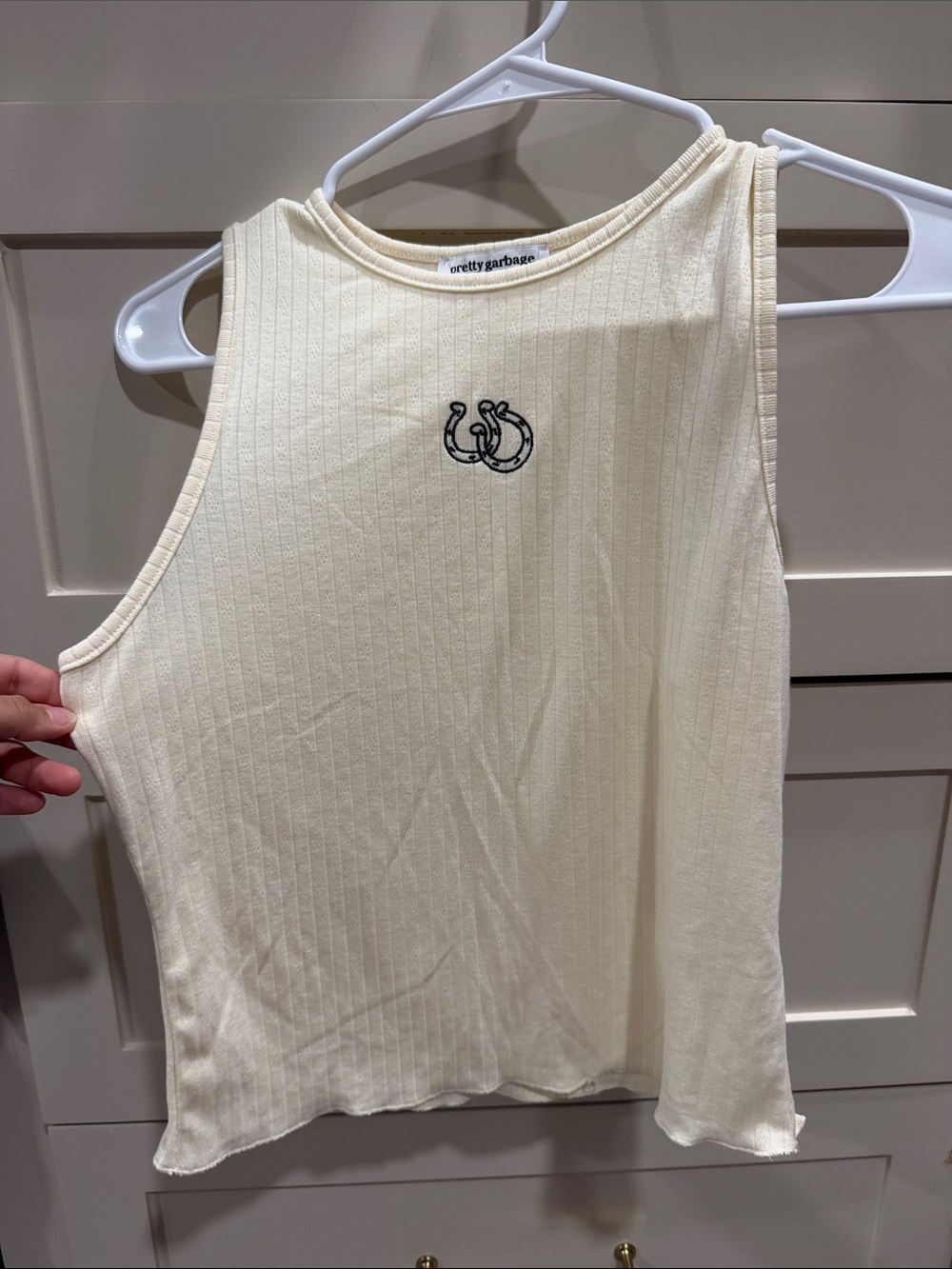 pretty garbage Cream Ribbed Tank Top with Horseshoe Embroidery